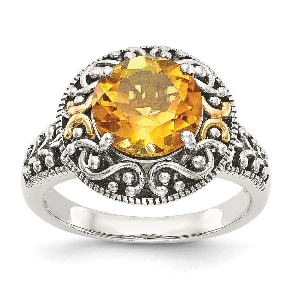 Sterling Silver 14K Accent Antiqued Round Citrine Nov. Birthstone Ring Size 8